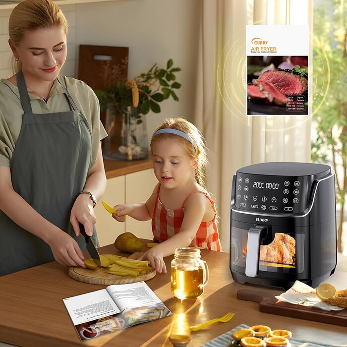 Фритюрниця Euary 8 л 1700 Вт XXL Фритюрниця з гарячим повітрям Фритюрниця з гарячим повітрям без жиру з 12 програмами Фритюрниця з книгою рецептів німецькою мовою