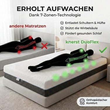 Матрац KNERST Duoflex 90 x 200 см - 2 рівні жорсткості м&39який та жорсткий - гелева піна з ефектом пам&39яті та 7-зонна комфортна піна - висота 21 см - ортопедичний матрац для всіх положень сну - матрац
