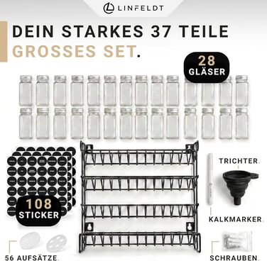 Підставка для спецій на 28 банок - 108 наклейок ручка шурупи для підвішування - Підставка для спецій на місці - Банки для спецій з полицею (спеції не входять до комплекту) - 34,5x25x11,5 см, Чорний