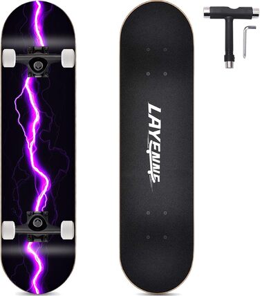 Скейтборд Blitz 31 x 8 дюймів - 8-шарова кленова дека, симетрично скошена з обох кінців, ABEC-11 підшипники, 95A PU колеса, для хлопчиків, дівчаток, підлітків, вуличних скейтбордистів, дорослих, початківців, надзвичайно широкий, фіолетовий блискавка дизай