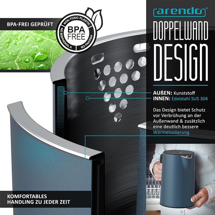 Чайник з тостером SET Нержавіюча сталь синій, чайник 1,5 л, 40 - 100C Тостер з функцією збереження тепла 4 скибочки LED-дисплей 6 ступенів підрум'янювання Насадка для рулону