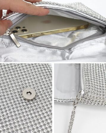 Сріблясте клатч-зчеплення з кристалами та знімним ланцюжком для вечірки, весілля, балу або банкету 06258