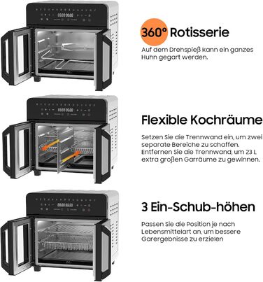 Фритюрниця iceagle 23 л Dual Zone- Мультипіч XXL з французькими дверцятами Духова шафа для фритюрниці з подвійною камерою, 15 програм, 2200 Вт, 12 аксесуарів, знімний роздільник для гнучкого місця для приготування їжі