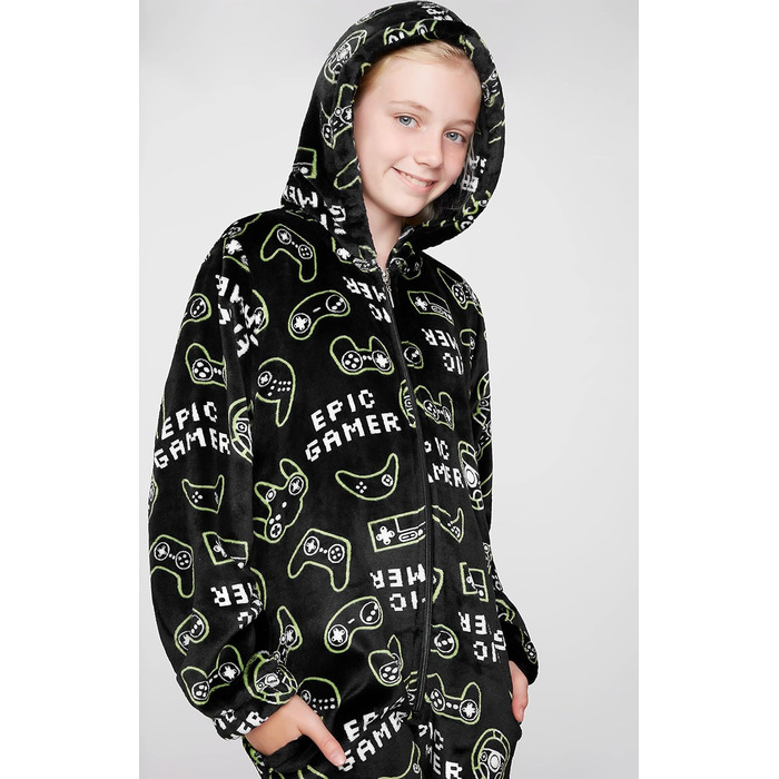 Дитячий флісовий комбінезон CityComfort Onesie, піжама, надзвичайно м&39який, цілісний костюм, піжама-ромпер, 7-14 років, 9-10 років, чорний