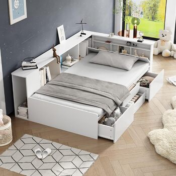 Односпальне ліжко Aoskem дитяче ліжко ліжко 90x200 ліжко з ящиками для зберігання та шафою для зберігання та книжковою полицею, де