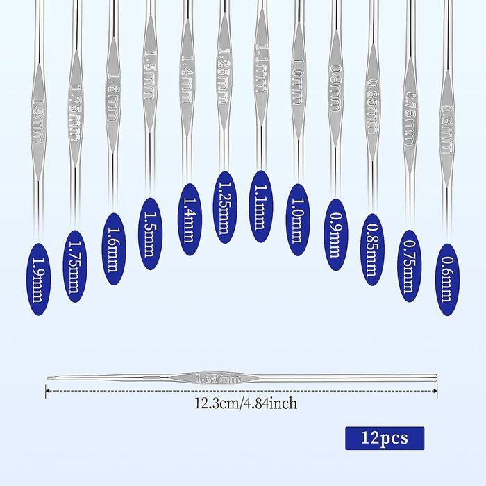 Гачок для вязання 12 шт. Тонкий, найменший гачок з нержавіючої сталі 0,6-1,9 мм, гострі гачки для тонкого вязання, металевий гачок невеликих розмірів, ідеальний для початківців, гостра та тонка пряжа