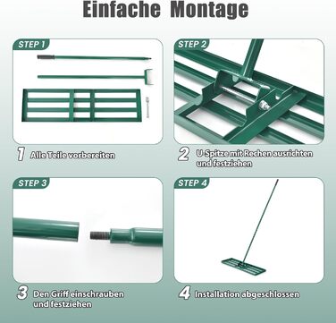 Грабля-рівнялка для газону з ергономічною ручкою 170 см, металеві граблі преміум-класу для догляду за газоном (91 см x 25 см), зелені