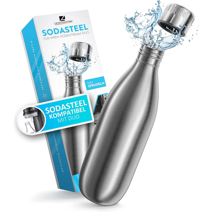 Преміальна пляшка з нержавіючої сталі 1 л дуже велика сумісна з SodaStream Duo - Безпечна для вуглекислого газу - Можна мити в посудомийній машині - Пляшка для пиття з нержавіючої сталі