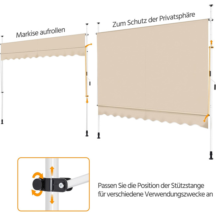 Тент Yaheetech із затискачем, шириною 300 см, для балкону, з ручним приводом, захистом від сонця без свердління, регульованою висотою та каркасом, бежевий, бежевий, 300 см