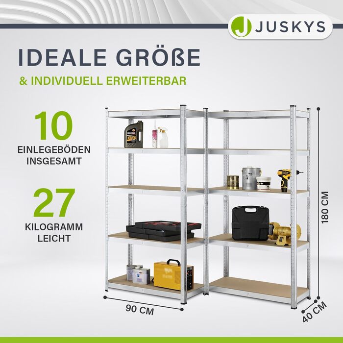 Комплект стелажів Juskys Basic, 2 предмета, 2 x 180 x 90 x 40 см (В x Ш x Г) Вантажопідйомність 1750 кг 10 полиць Міцний стелаж, металевий стелаж без болтів, стелаж для підвалу, оцинкована система стелажів