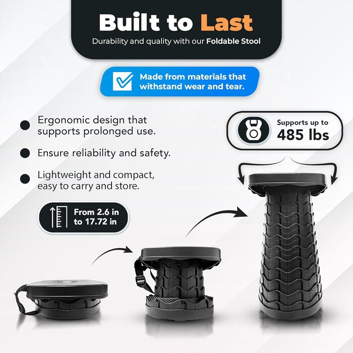 Портативний телескопічний стілець з подушкою та сумкою для перенесення складаний стілець, регульована висота 645 см, стійкий до 200 кг, квадратний телескопічний стілець для кемпінгу, саду, риболовлі та подорожей