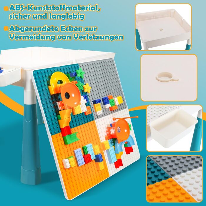 Дитячий стіл з 2 стільцями, ігровий стіл для дітей з 251 будівельним блоком, багатофункціональний ігровий стіл для дітей віком від 2 років з місцем для зберігання, креативний ігровий стіл з будівельних блоків, набір будівельних блоків 5551 см