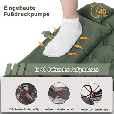 Килимок для сну HAUSPROFI, надлегкий надувний матрац для кемпінгу з ножним насосом та подушкою, надувний матрац, компактний та легкий, килимок для кемпінгу для походів, пляжу, використання на свіжому повітрі, армійський зелений