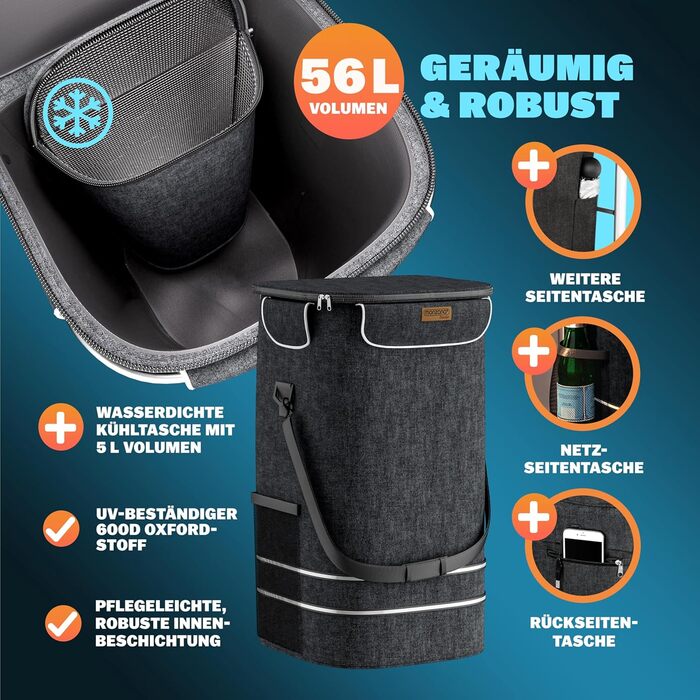 Універсальний візок для покупок 3-в-1, 56 л, до 50 кг, складаний, зі знімною сумкою, 6 коліс, плечовий ремінь, для сходів, чорний з меланжем