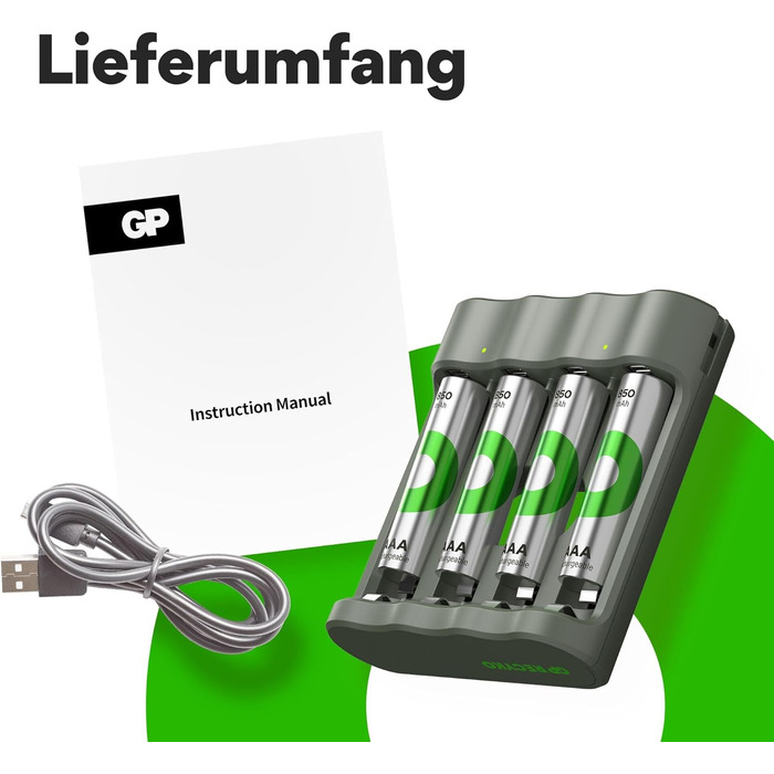 Зарядний пристрій GP ReCyko USB AA AAA, включаючи 4 акумуляторні батарейки AAA 850 мАг, NiMH 1.2V, зарядний пристрій з акумуляторними батарейками AAA