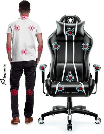Геймерське крісло Diablo X-One 2.0, Геймерське крісло, Офісне крісло, Настільне крісло, Регульовані підлокітники, Ергономічний дизайн, Подушка для шиї/попереку, Функція гойдання, Чорний/Білий, Стандартний (L)