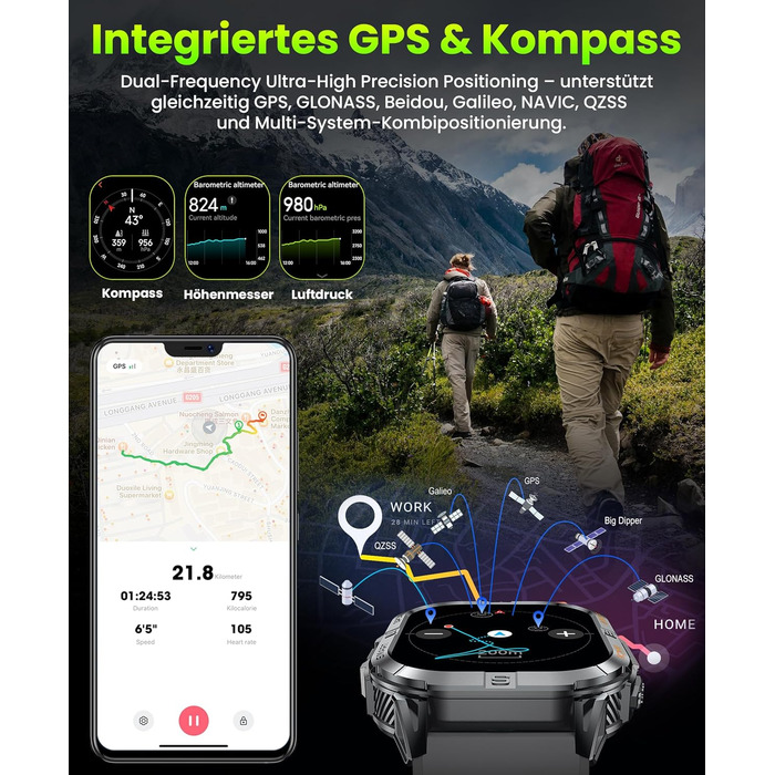 Розумний годинник для чоловіків, 2,13-дюймовий AMOLED чоловічий військовий розумний годинник, світлодіодний ліхтарик, компас, понад 100 спортивних режимів, фітнес-годинник, акумулятор 580 мАг, Bluetooth-дзвінки для iOS та Android (чорний)