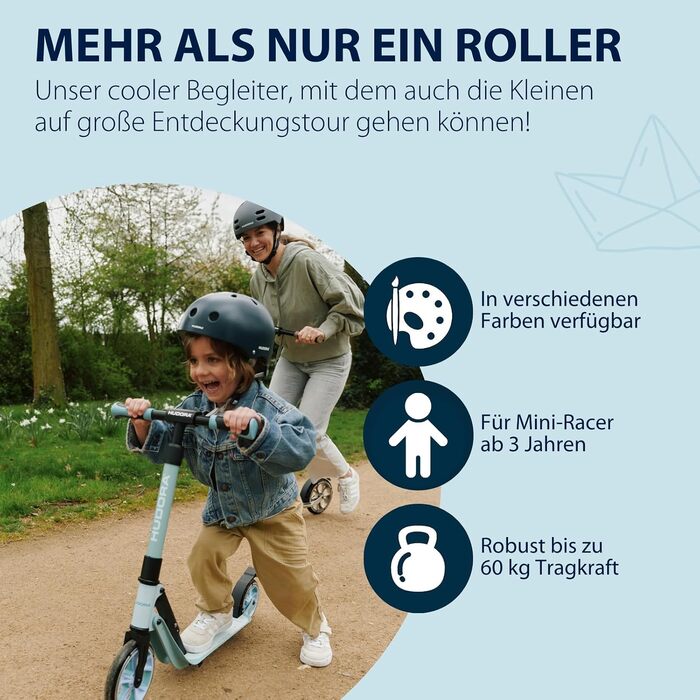 Дитячий самокат HUDORA BigWheel 180 Advanced Junior (від 3 років) якісний та безпечний, складаний, з відбивачами та регулюванням висоти, колір sky blue