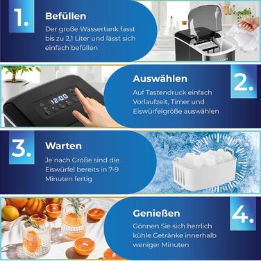 Машина для приготування кубиків льоду KLAMER (2024), 10 кубиків льоду за 7-9 хвилин, 15 кг кубиків льоду на день, 2 розміри кубиків льоду, резервуар для води 2,1 л, льодогенератор 120 Вт з таймером, тихий льодогенератор з лопатою для льоду Black