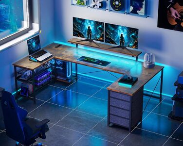 Кутовий стіл ODK з 4 шухлядами та місцем для зберігання, двосторонній кутовий стіл 167102 см з 2 розетками та 2 портами зарядки USB, ігровий стіл зі світлодіодним освітленням та підставкою для монітора для домашнього офісу, вінтажний коричневий