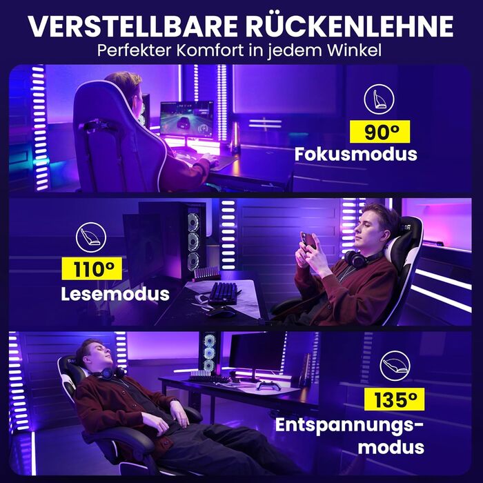 Ігрове крісло - Ергономічне ігрове крісло з підставкою для ніг, підголівником та поперековою опорою, регульоване по висоті, м&39яке, вантажопідйомність 150 кг, крісло для ПК, обертове крісло, чорне