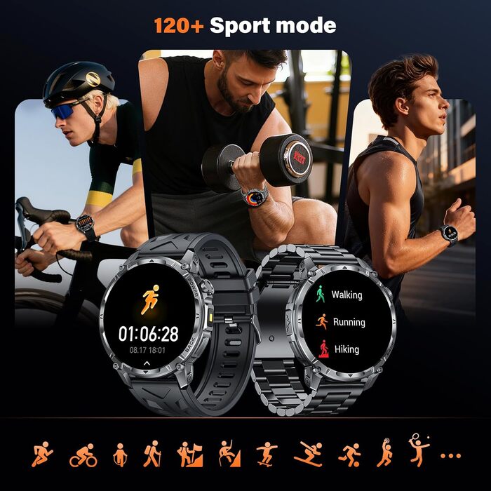 Чоловічий смарт-годинник із функцією телефону, 1,7-дюймовий сенсорний екран, підсвічування, 100 днів у режимі очікування, понад 120 спортивних режимів, пульс, SpO2, монітор сну, водонепроникність IP68, фітнес-трекер, сумісний з Android/iOS (сталевий ремін