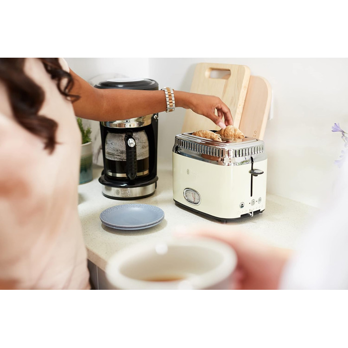 Тостер Russell Hobbs на 2 скибочки ретро з нержавіючої сталі кремовий (дисплей зворотного відліку в ретро-дизайні, в т.ч. решітка