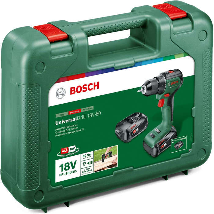 Акумуляторний дриль-шуруповерт Bosch Home and Garden UniversalDrill 18V-60 (2 акумулятора, 18 В, в кейсі) чорний