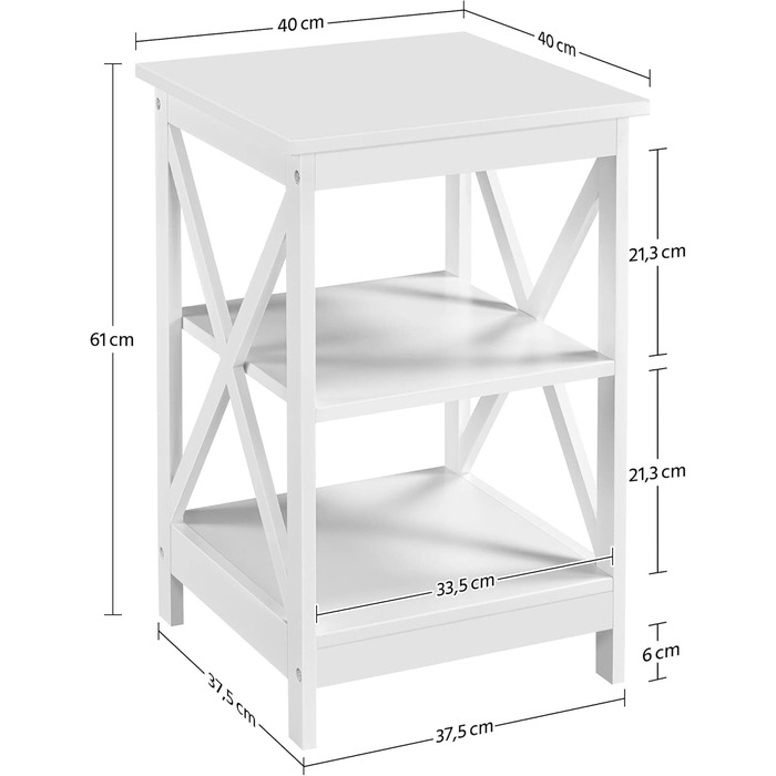 Приліжковий столик 3 яруси Приліжковий столик з Х-подібними ніжками Диванний столик Журнальний столик для спальні та вітальні, 40x40x61 см, Білий/Розкішний сад