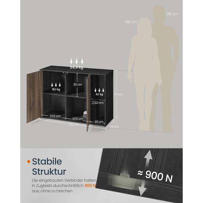 Сервант, надшвидке складання без інструментів, технологія без інструментів, шафа для зберігання у вітальні, тумба під телевізор зі світлодіодним підсвічуванням, регульовані полиці, сучасний, чорний BBK372B01 Натуральний горіх Чорне ебенове дерево