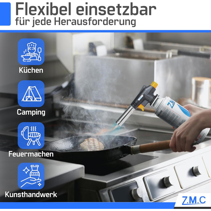 Газовий пальник Z.M.C 8 газових картриджів 227 г, пальник фламбе до 1300C, пальник Бунзена 1,3 кВт, паяльний пальник, кухонний пальник з регульованим полум'ям