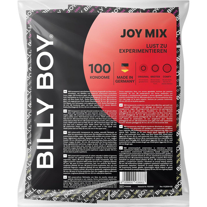 Презервативи BILLY BOY Joy Mix, 100 шт. 52 мм, 56 мм, 55 мм (62 мм зверху) 5 типів презервативів (1 x 100 шт. )