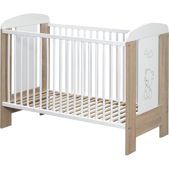Дитяче ліжечко/ліжечко для малюків 120x60 см з масиву бука регульована висота в 3 напрямках, 3 знімні перекладини, перевірено EN 716 білий/сонома, ведмедик Модель Kamil