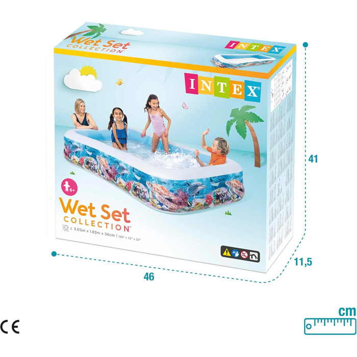 Надувний басейн для плавання з рибками, вініл, різнокольоровий, 305x183x56 см, білий, 58485NP -