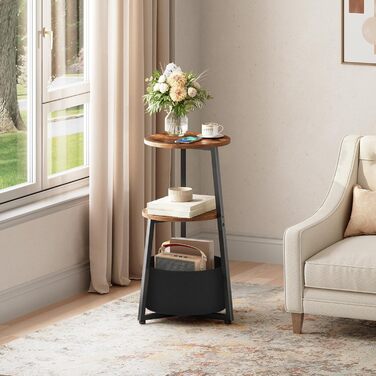 Круглий бічний столик HOOBRO, трирівнева тумбочка з полицями та тканинною кишенею, журнальний столик для невеликих приміщень, столик-диван, столик для перекусу, для вітальні, спальні, вінтажний коричневий та чорний EBFB169BZ01