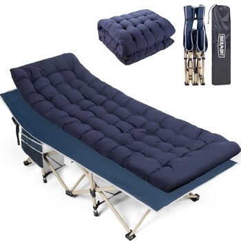 Розкладне похідне ліжко Overmont - Кемпінгове ліжко 190 x 71 x 36 см - Вантажопідйомність до 250 кг - Тканина Оксфорд 2400D з бічною кишенею та сумкою для перенесення для кемпінгу, саду, офісу, синього кольору, з матрацом ()