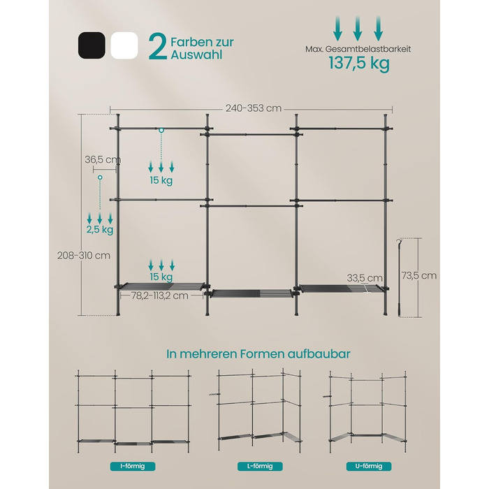 Телескопічна вішалка для одягу SONGMICS, 3-рівнева шафа, регульована по висоті та ширині, відкрита шафа з 6 шт. ангами для одягу та 3 знімними полицями, поручень, матово-чорний HSR155B01 3 ряди (240 Вт-353 Вт) см матово-чорний