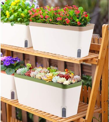 Горщик для рослин LATERN із 3 предметів із самополивом, прямокутний пластиковий квітковий горщик 27 см для садових квітів, бонсай, алое, трав, орхідей та сукулентів з віконцем для контролю рівня води та дренажним отвором, лоток