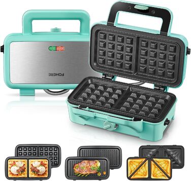 Бутербродниця 3 в 1, вафельниця/контактний гриль/бутербродниця 1200 Вт, 5-швидкісний контроль температури, набори пластин Coater з антиприлипним покриттям, термоізольована ручка, можна мити в посудомийній машині, світлодіодні лампи, синій