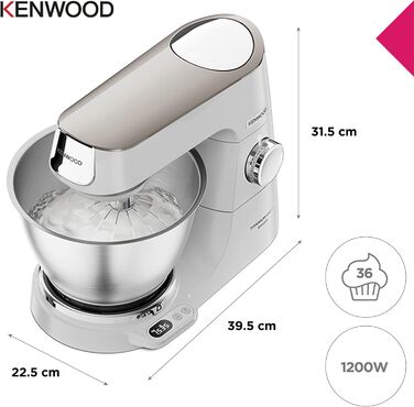 Кухонна машина Kenwood Titanium Chef Baker з вагами, набором для кондитерів (3 предмети) та чашею з нержавіючої сталі 5 л, 1200 Вт, білий (KVC65.001WH)