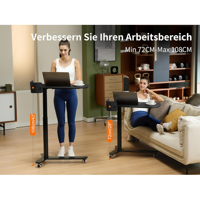 С-подібний журнальний столик, регульований по висоті з колесами, мобільний стіл з шухлядами, невеликий столик для ноутбука з регульованою висотою, пневматичний стоячий стіл для дивана, ліжко, вітальня, чорний, 75 x 45 см