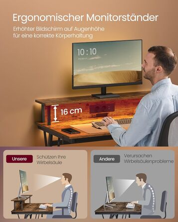 Ігровий стіл із вбудованим подовжувачем, Комп&39ютерний стіл, з підставкою для 2 моніторів, Спальня, 60 x 100 x 76 см, Вінтажний коричневий LWD191K01 100 x 60 см Вінтажний коричневий