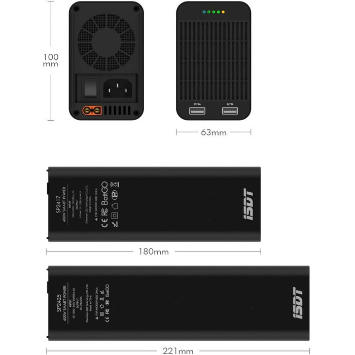 Портативний блок живлення ISDT, накопичувач енергії, 400 Вт, 17 А, генератор акумуляторів, 240 В змінного струму, 1 порт постійного струму та 2 USB-виходи для заряджання, для подорожей, кемпінгу, екстреного використання з літій-/літій-полімерними/літій-іо