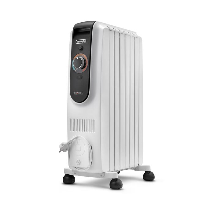 Масляний обігрівач De'Longhi Dragon EasyTronic (TRD50615) для приміщень до 45 м, електрообігрів з термостатом безпеки, 6 секцій, 12 рівнів температури, портативний, 1500 Вт, білий