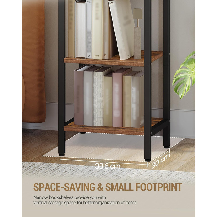 Полиця Hzuaneri, книжкова шафа, 7-ярусна полиця, полиця для DVD, вузькі полиці, офісна полиця в індустріальному стилі, металевий каркас для вітальні, спальні, кухні, вінтажний коричнево-чорний BC57001B 30 x 33,6 x 208,5 см, вінтажний коричнево-чорний