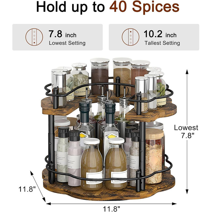 Підставка для спецій, обертовий органайзер для кухонної полиці, 2-рівнева, дерев&39яна підставка для спецій, стояча, підставка для спецій на кухонній стільниці, обертова кутова полиця &quotlazy Susan&quot, 3 регульовані по висоті для кухонної стільниці та