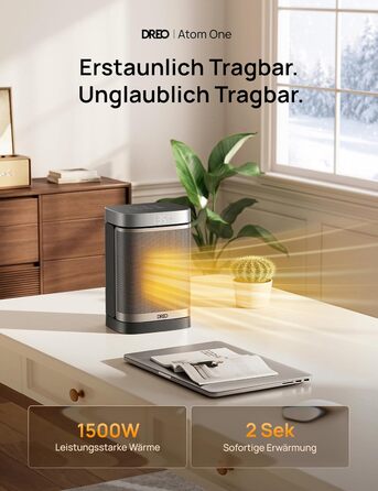 Енергозберігаючий малий електричний вентилятор-обігрівач Dreo, 1500 Вт з термостатом, коливальний електричний нагрівальний елемент 70, керамічний нагрівач PTC, тихий, режим ECO, 12-годинний таймер, захист від перегріву та перекидання, стандартний срібляст