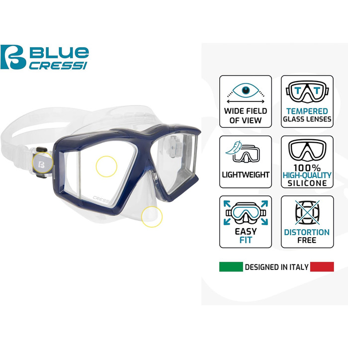 Маска унісекс для дайвінгу та сноркелінгу з 4 окремими загартованими лінзами або комплект маскасноркель Scilla Top Dry Combo для необмеженого кругового огляду Combo Clear/Ice Blue