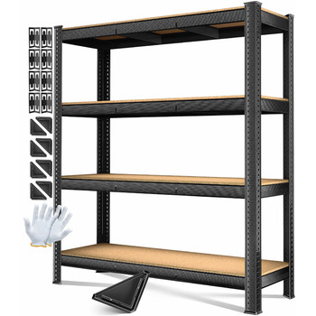 Міцний стелаж MASKO, стелаж для зберігання, підвальний стелаж, 160x160x60 см, вантажопідйомність 1200 кг, 4 регульовані полиці, панелі МДФ, металевий стелаж, стелаж без болтів, стелаж для майстерні, сталевий каркас, гаражний верстак, чорний, 4 полиці