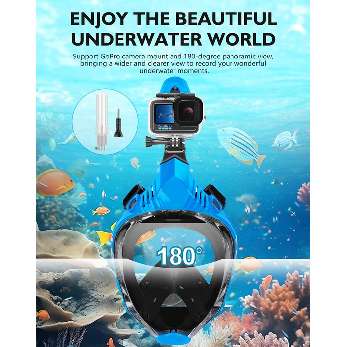 Маска для підводного плавання VGKE для дорослих, панорамний вид HD на 180 градусів, маска для дайвінгу з водонепроникною кишенею для телефону, захист від протікання та запотівання, вільно дихає, підходить для чоловіків/жінок, синя, розмір L-XL